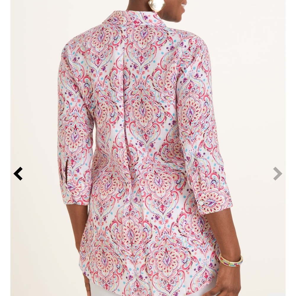 Chico’s Paisley Print No-Iron 100% Linen Tunic Top Button Shirt Size 3, XL, 1X - Picture 2 of 14